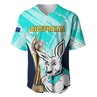 Turquoise soccer baseball jersey with Australia text and kangaroo-and-trophy front graphic