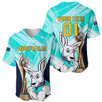 Turquoise soccer baseball jersey set, kangaroo trophy graphic with Australia text and 01