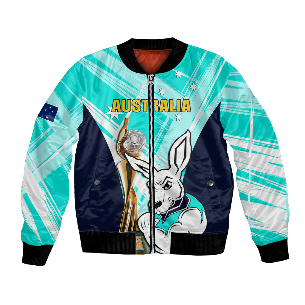 Turquoise soccer bomber jacket with kangaroo graphic and gold trophy on front