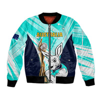 Turquoise soccer bomber jacket with kangaroo graphic and gold trophy on front