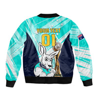 Turquoise soccer bomber jacket back with customizable text 01 and kangaroo trophy graphic