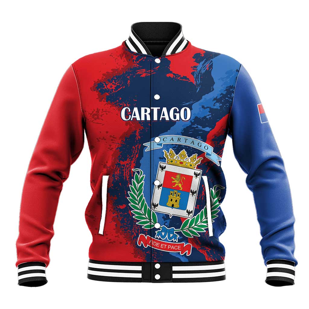 Unisex baseball jacket in blue and red with CARTAGO crest and striped collar