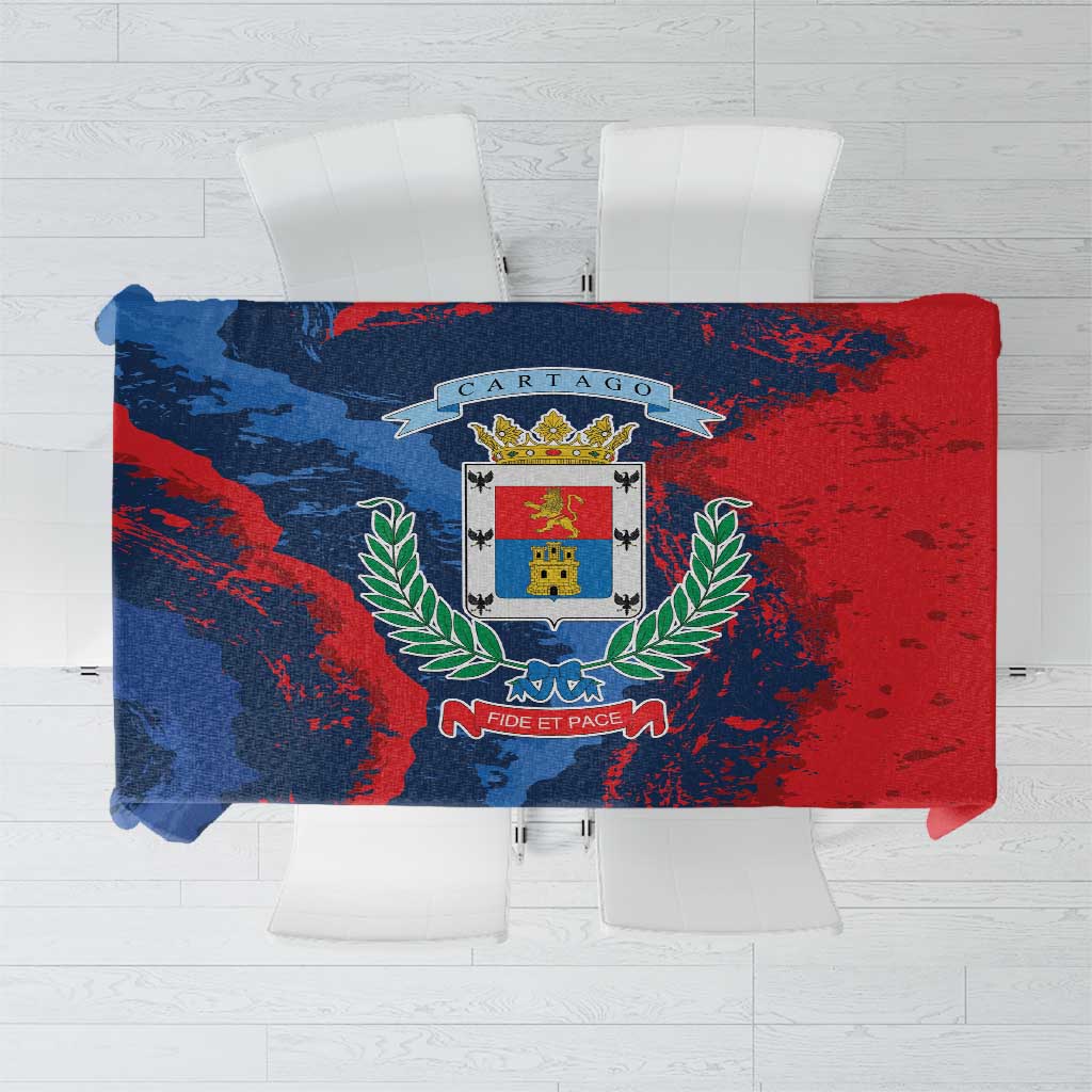 Tablecloth with Cartago crest design, blue and red rectangular print
