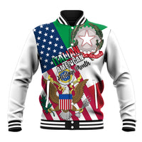 White baseball jacket with ribbed collar, snap front, and Italian American eagle graphic