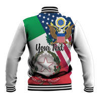 Back of white varsity baseball jacket with eagle patch and customizable text area