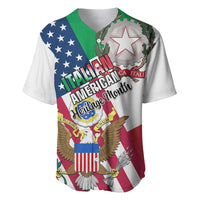 White baseball jersey with Italian-American graphics, eagle badge, star emblem, green/red accents.