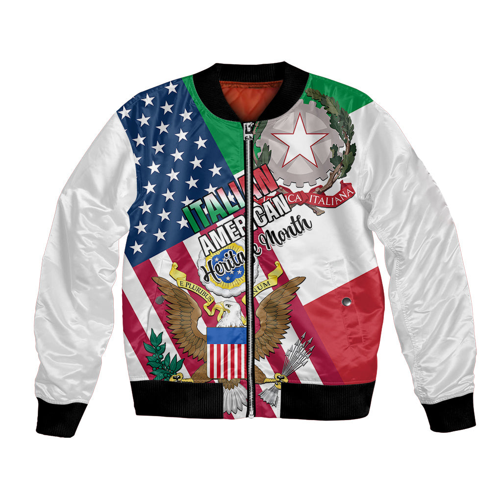 White bomber jacket with zip front, ribbed trim, American–Italian heritage graphic front.