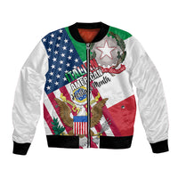 White bomber jacket with zip front, ribbed trim, American–Italian heritage graphic front.