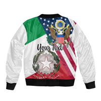 White bomber jacket with ribbed cuffs, full-back American–Italian flag graphic and star badge.
