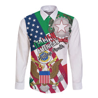 White long-sleeve button shirt with Italian American Heritage Month front graphic