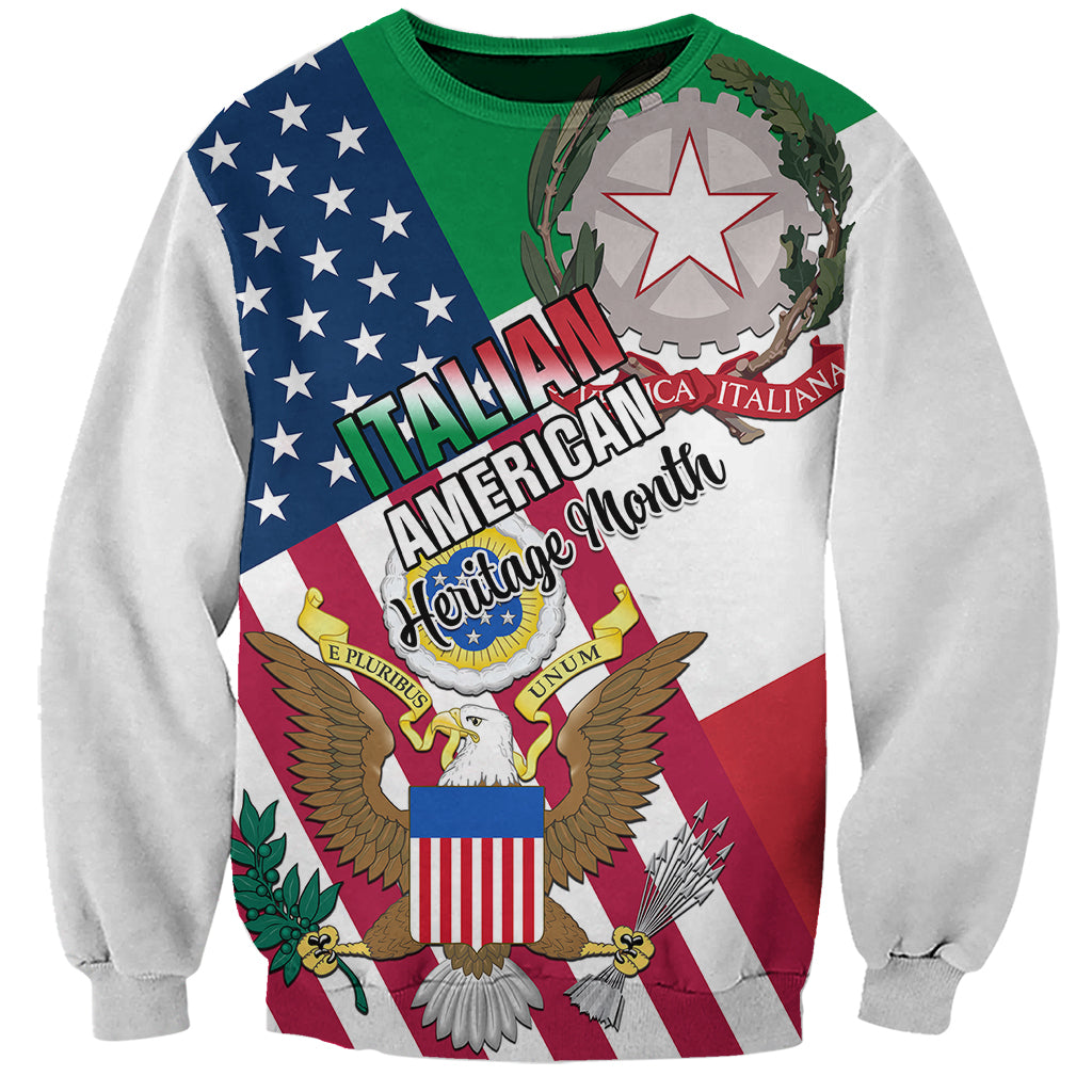 White crewneck sweatshirt with green collar and patriotic eagle star graphic