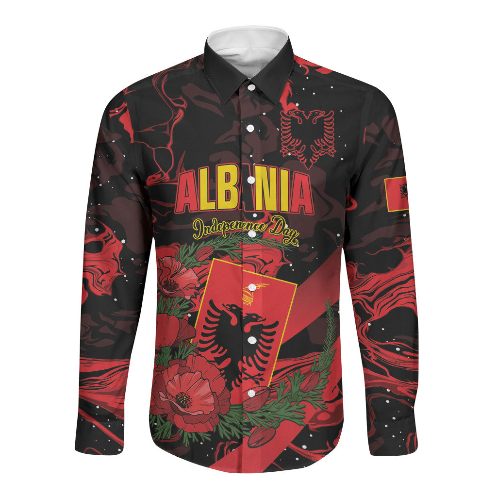 Personalised Albania Red Poppy Long Sleeve Button Shirt Happy Independence Day