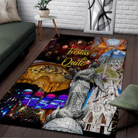 Rectangular area rug with colorful Quito artwork, fireworks, and a historic statue figure.