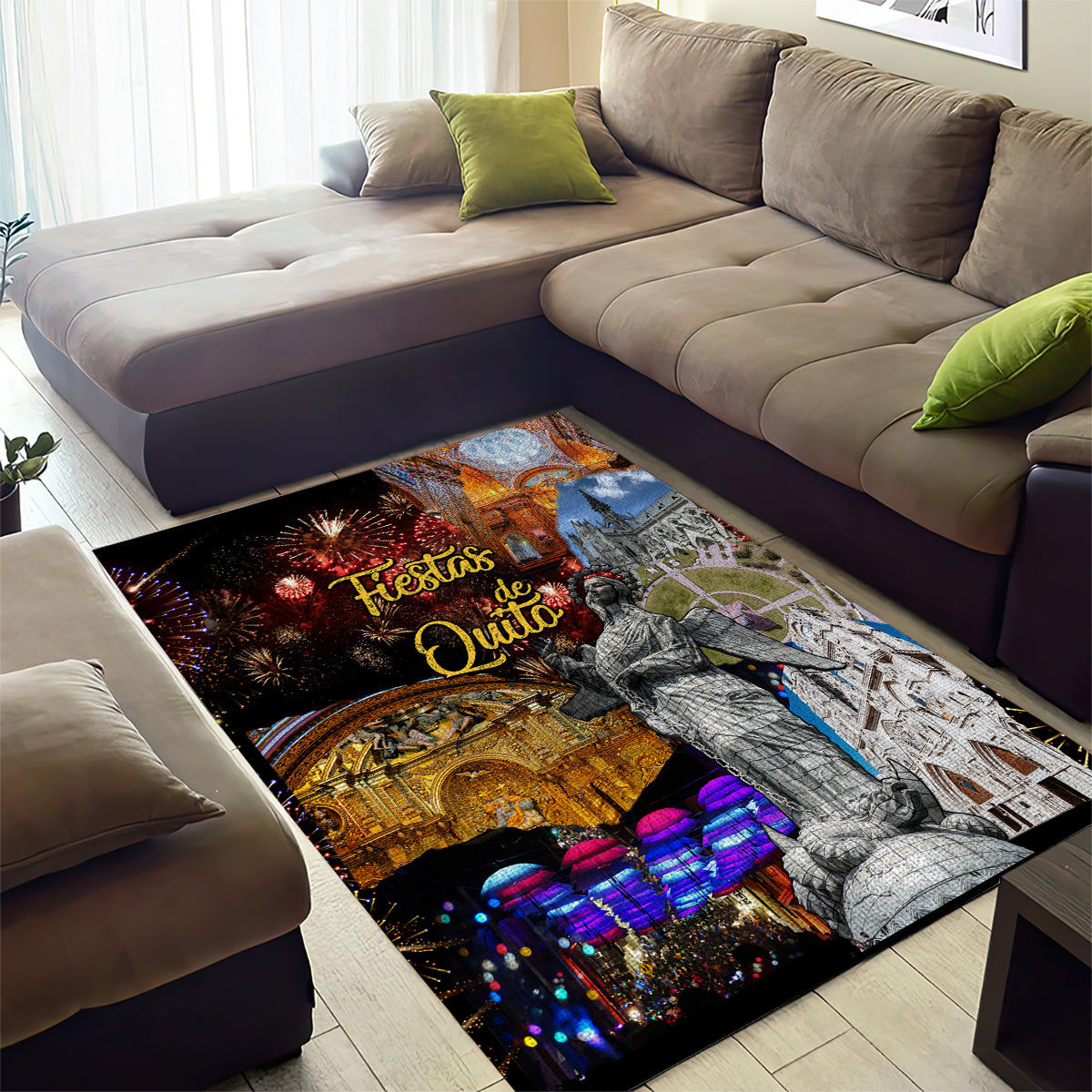 Rectangular area rug with 'Fiestas de Quito' text, purple fireworks, and a stone statue.