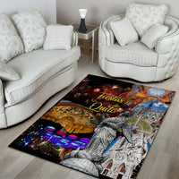 Rectangular area rug with Quito map collage, gold lettering, and fireworks over buildings.