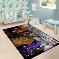 Rectangular area rug showing Quito scene with fireworks, colorful city art, and a statue figure.
