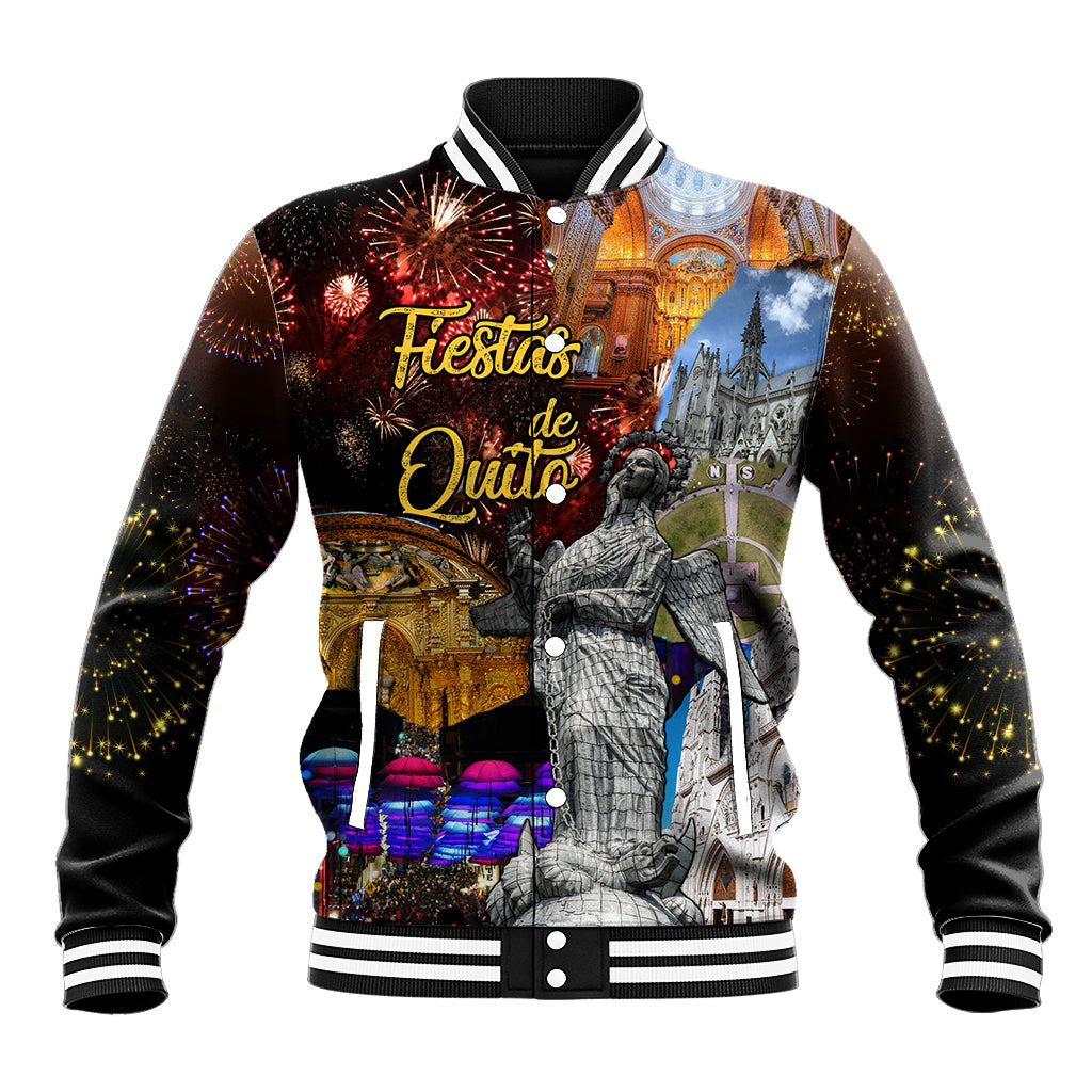 Black baseball jacket with festive fireworks, city skyline and statue figure graphic print