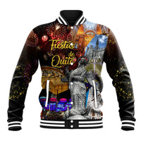 Black baseball jacket with festive fireworks, city skyline and statue figure graphic print