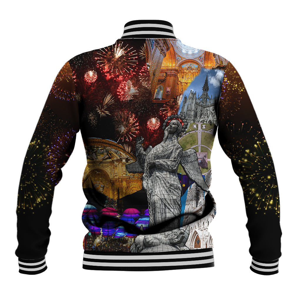 Black varsity jacket with ribbed collar and cuffs, festive fireworks and city statue graphic