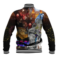 Black varsity jacket with ribbed collar and cuffs, festive fireworks and city statue graphic