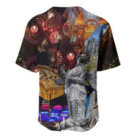 Dark baseball jersey with fireworks, cathedral, statue, and 'Fiestas de Quito' graphic.