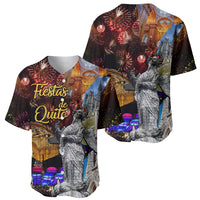 Two dark baseball jerseys with fireworks, cathedral, statue, and 'Fiestas de Quito' graphics.