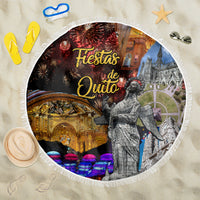 Round beach blanket with white fringe and 'Fiestas de Quito' colorful collage design