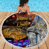 Round beach blanket with white fringe and 'Fiestas de Quito' collage, laid on deck by pool