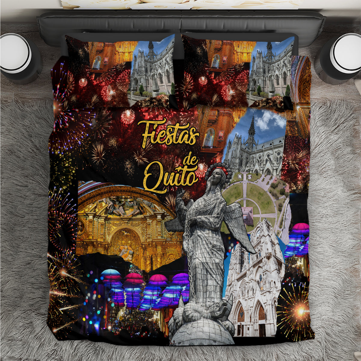 Multicolor bedding set: “Fiestas de Quito” text, fireworks, church skyline, statue graphic