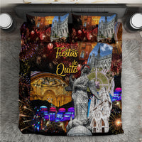 Multicolor bedding set: “Fiestas de Quito” text, fireworks, church skyline, statue graphic