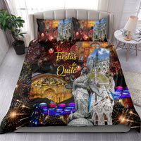 Bedding set with matching pillows; “Fiestas de Quito” print with fireworks and cathedral statue
