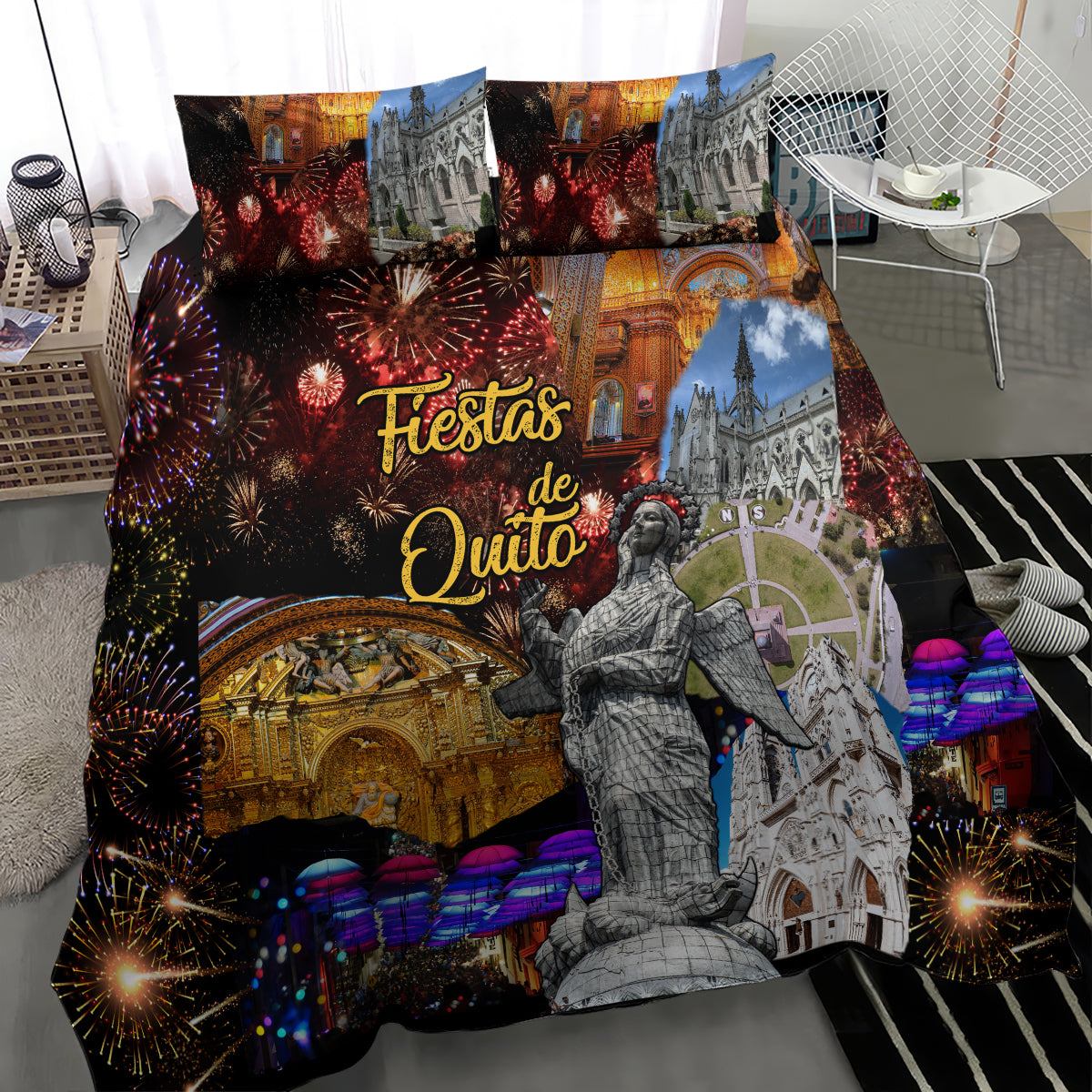 Bedding set with two pillows and “Fiestas de Quito” artwork featuring fireworks and cathedral
