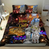 Bedding set with two pillows; “Fiestas de Quito” print, fireworks, ornate church and statue