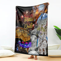 Ecuador blanket with black backdrop, colorful fireworks, arch buildings, and standing statue graphic