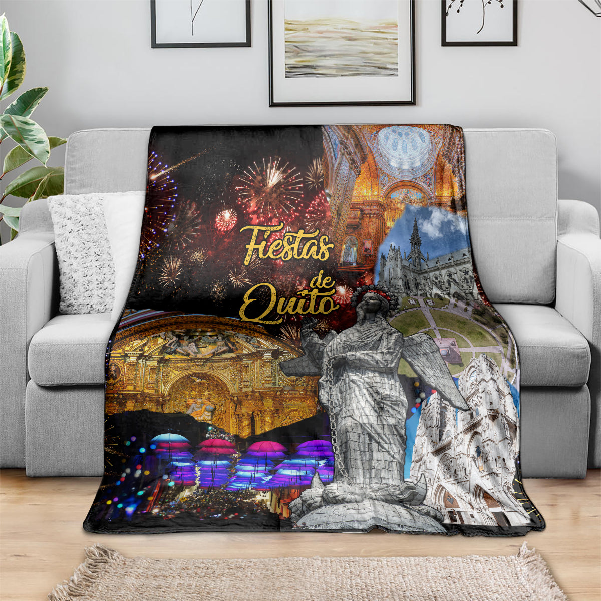 Ecuador blanket draped over a sofa, showing fireworks, cathedral arches, and a standing figure print