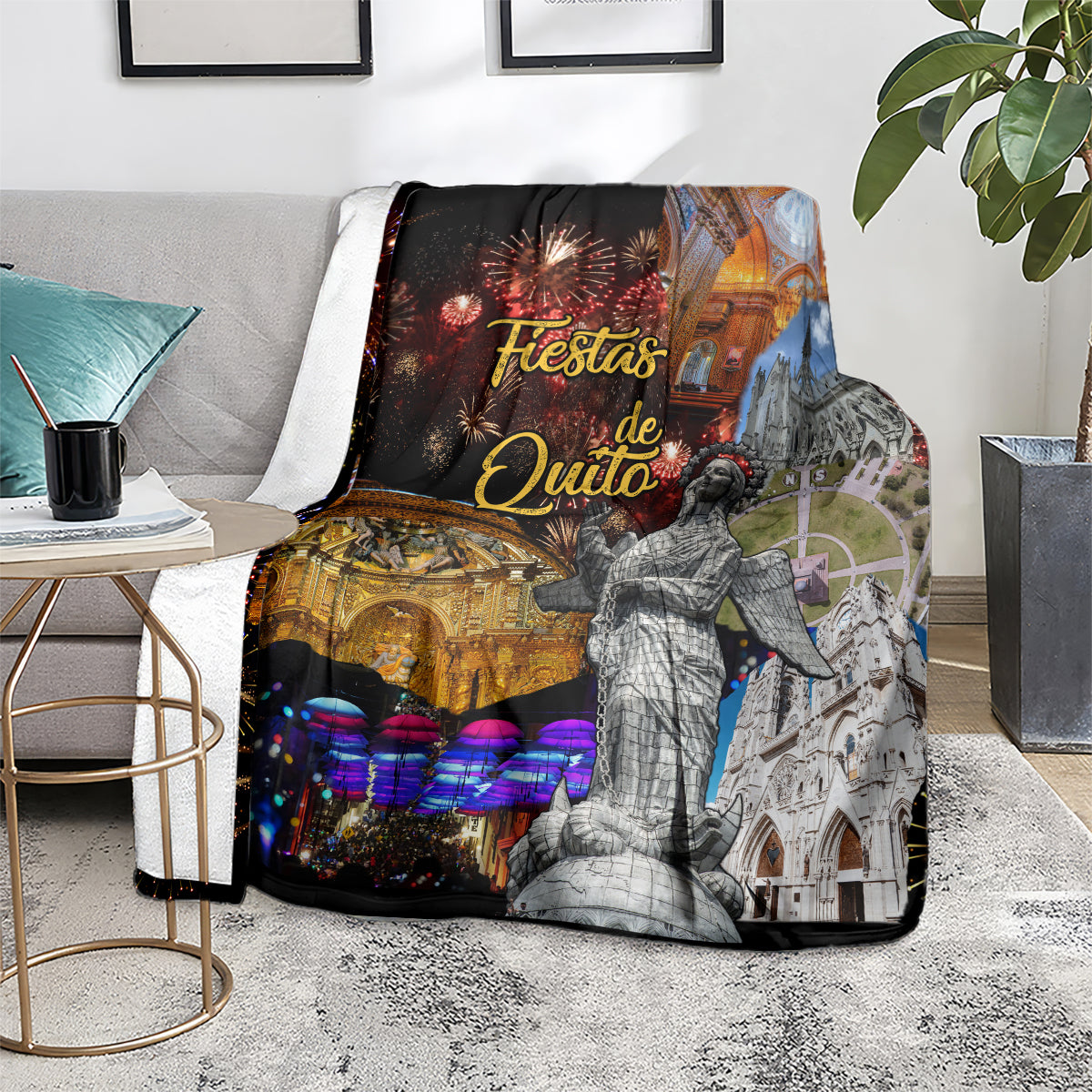 Ecuador blanket on a living room chair, featuring fireworks, cathedral details, and a central figure
