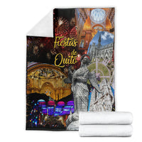 Ecuador blanket folded, featuring fireworks, cathedral arches, and a standing statue graphic on black