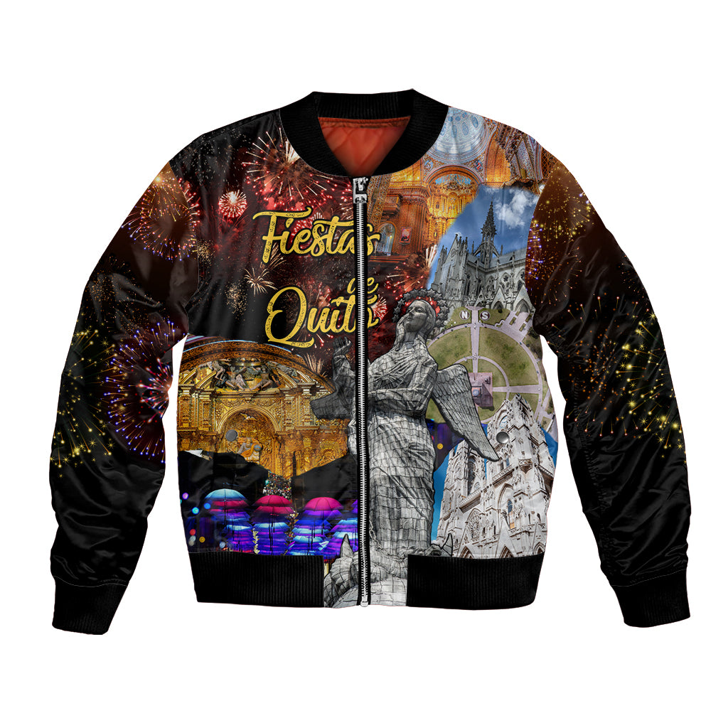 Unisex bomber jacket with front zipper, black sleeves, colorful Fiesta Quito graphic.