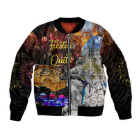 Unisex bomber jacket with front zipper, black sleeves, colorful Fiesta Quito graphic.