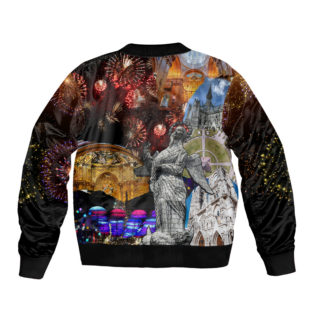 Unisex bomber jacket with ribbed cuffs and crew neck, colorful Fiesta Quito graphic.