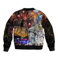 Unisex bomber jacket with ribbed cuffs and crew neck, colorful Fiesta Quito graphic.