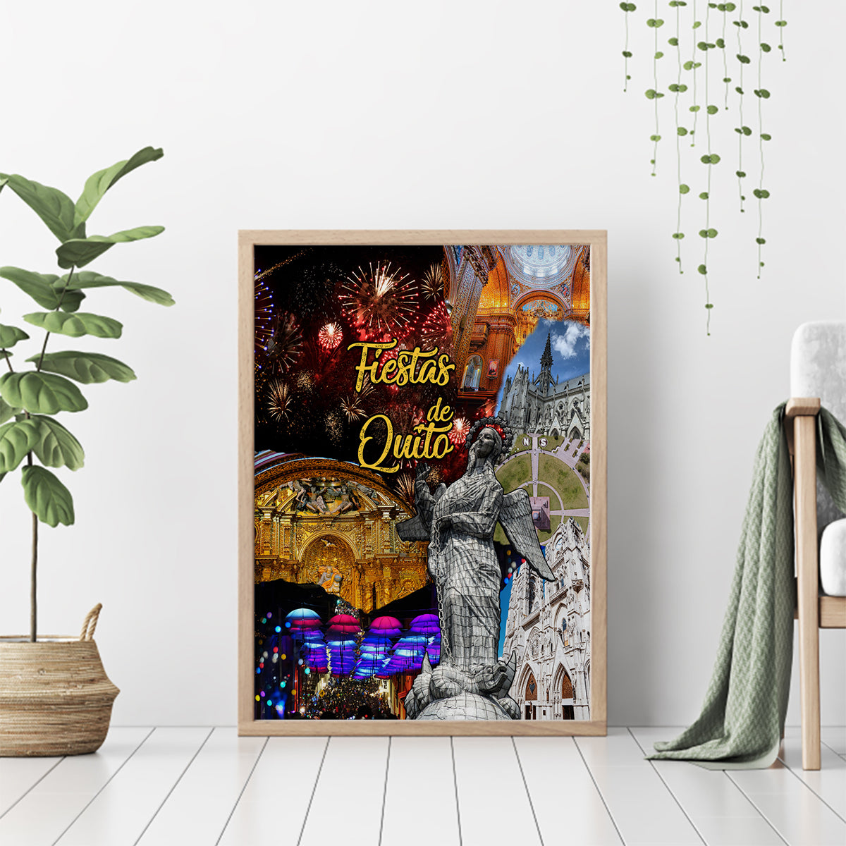 Framed canvas wall art with fireworks, Quito-themed text, and cathedral statue