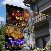 Garden flag with “Fiestas de Quito” title, fireworks, and lit cathedral tower illustration