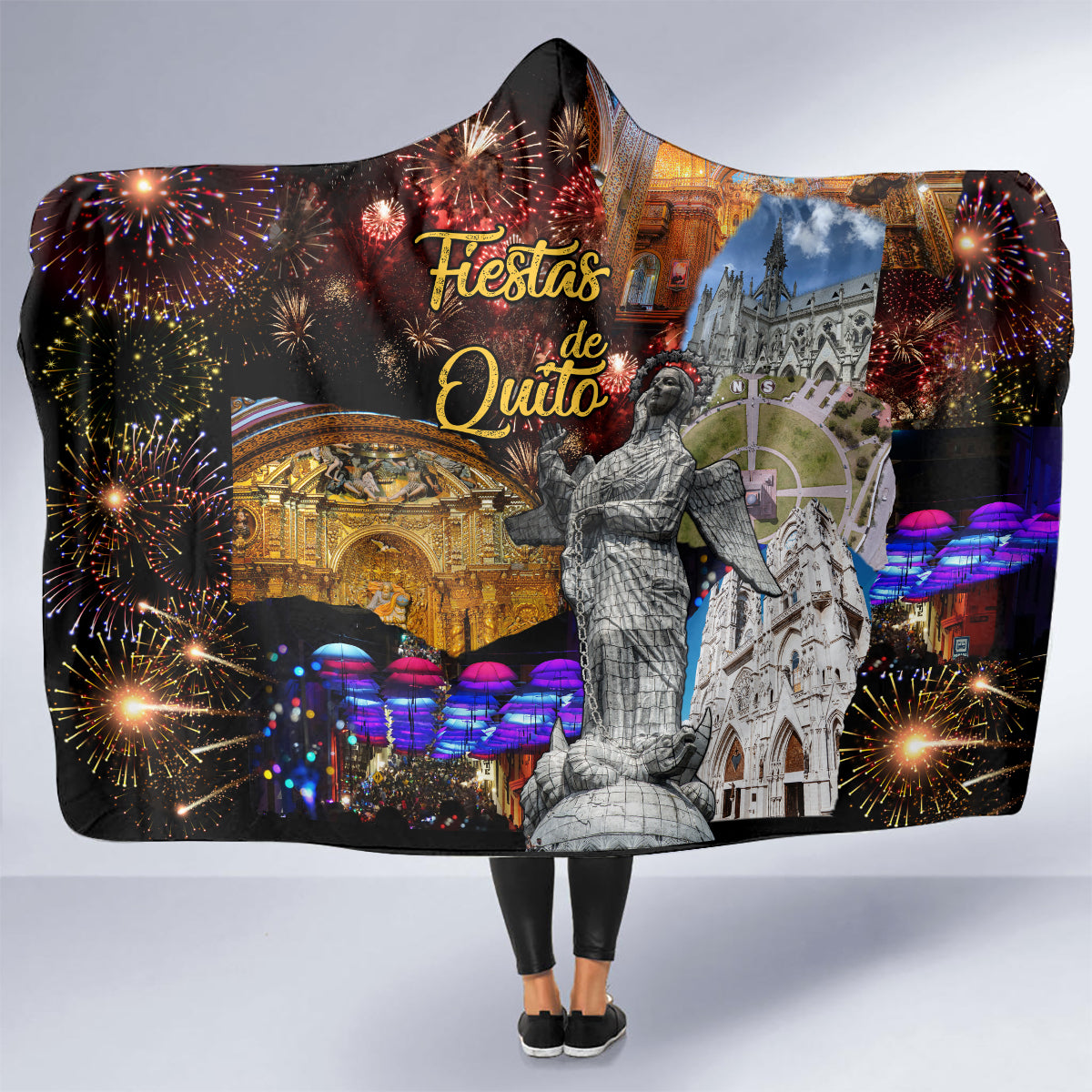 Hooded blanket with city festival artwork, black fabric and white hood lining