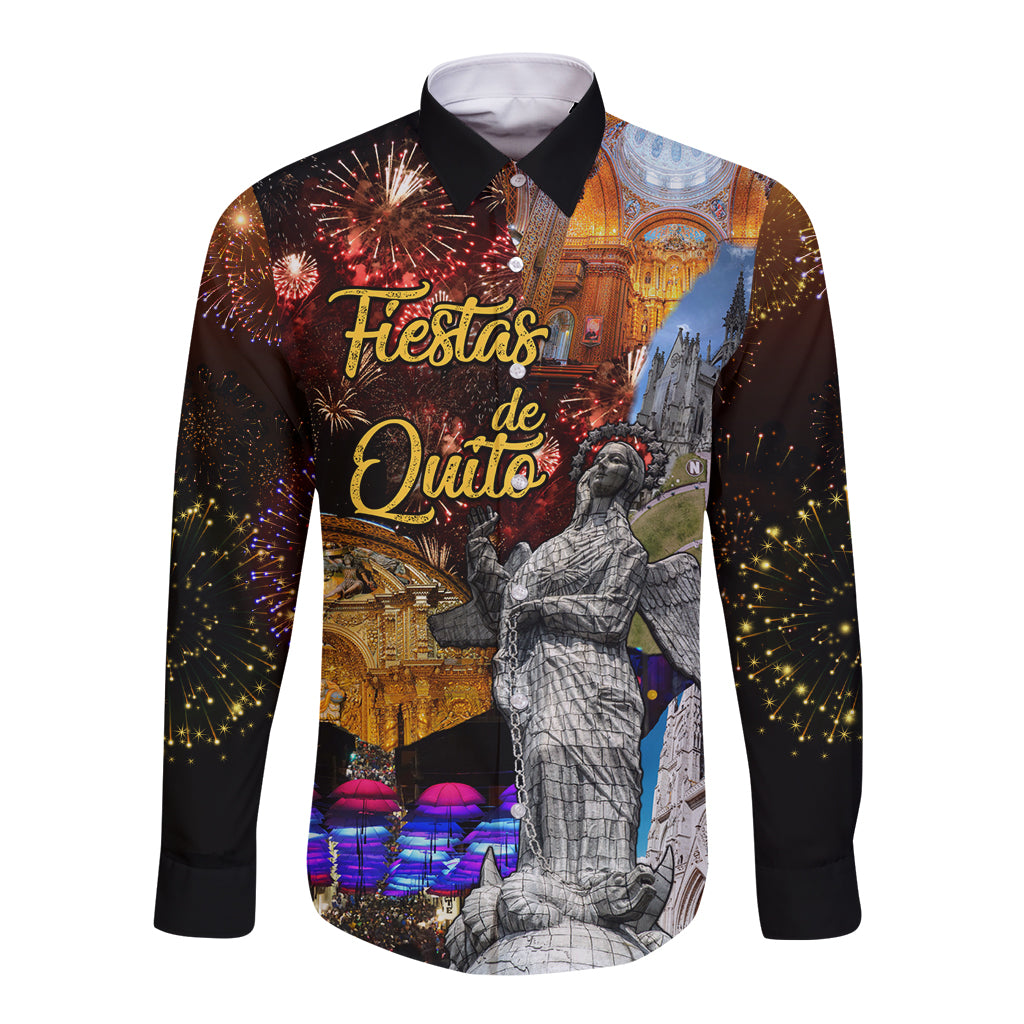 Unisex long-sleeve button shirt with colorful fireworks and city statue graphic