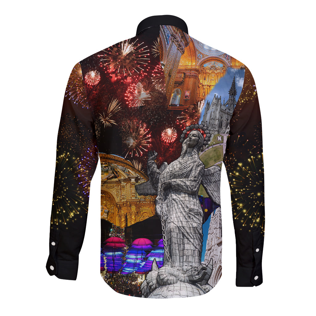 Unisex long-sleeve button shirt with fireworks, cathedral scene, and statue graphic