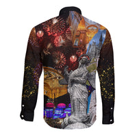 Unisex long-sleeve button shirt with fireworks, cathedral scene, and statue graphic