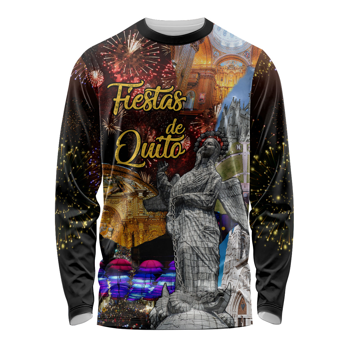 Unisex long sleeve shirt with colorful fireworks and Quito monument graphic, dark sleeves