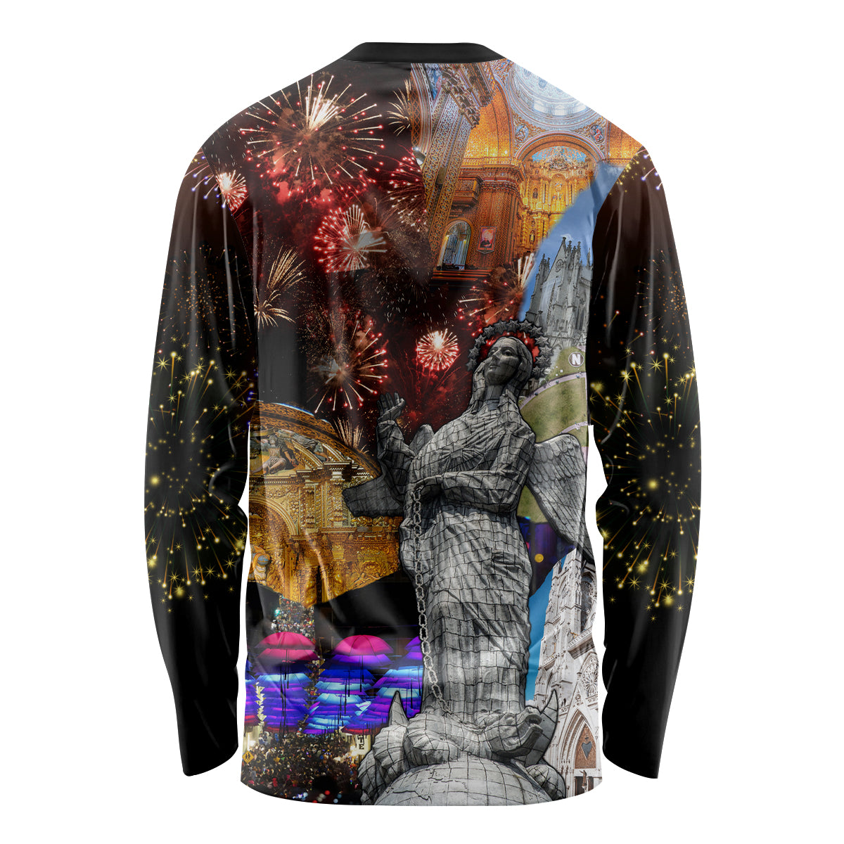 Unisex long sleeve shirt with fireworks and city landmark graphic on dark base, rear view