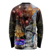 Unisex long sleeve shirt with fireworks and city landmark graphic on dark base, rear view
